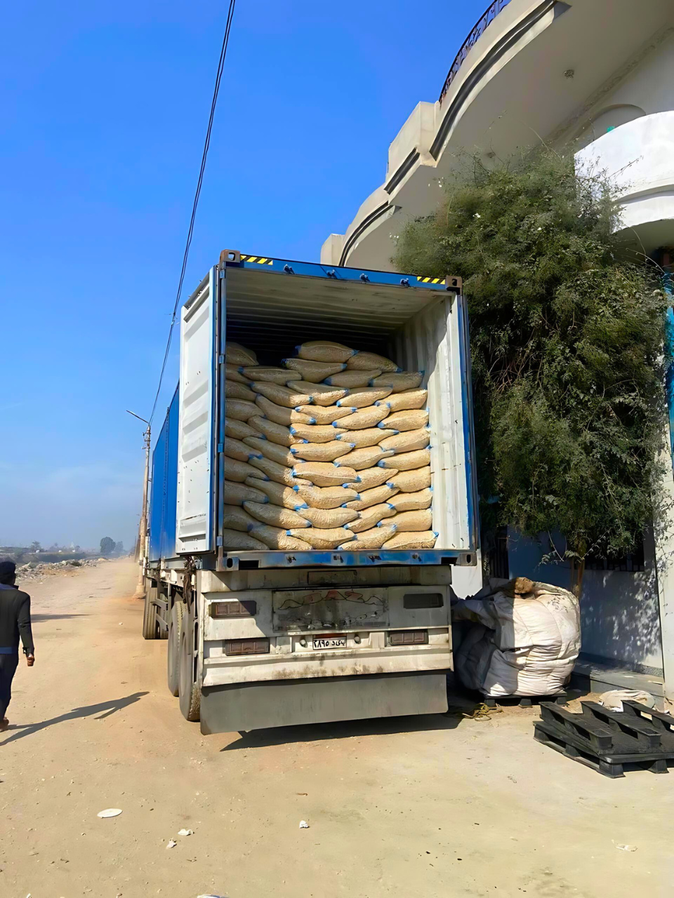 Crops Truck trailer loaded with bags of goods on a dirt road near a building. Exporter