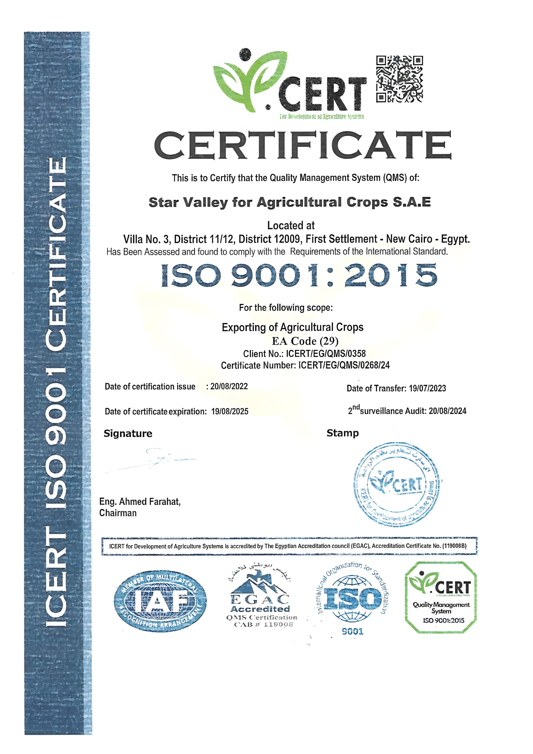 Crops ISO 9001:2015 certificate for Star Valley for Agricultural Crops S.A.E. Exporter